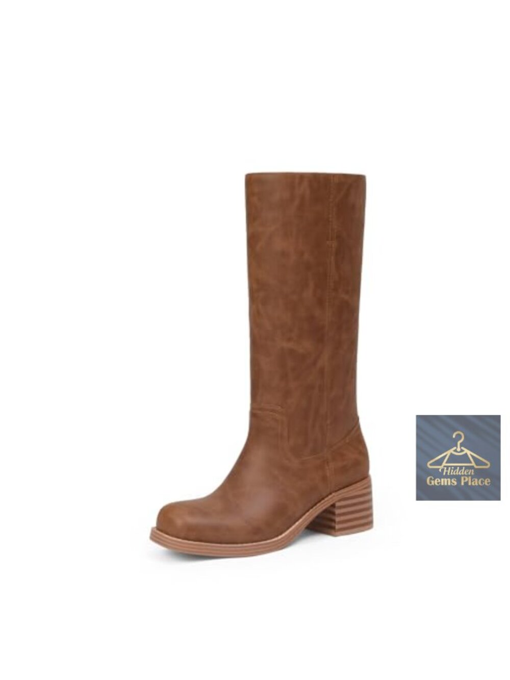 Women's Mid Calf Boots Faux Leather Chunky Block Low Heel Square Toe